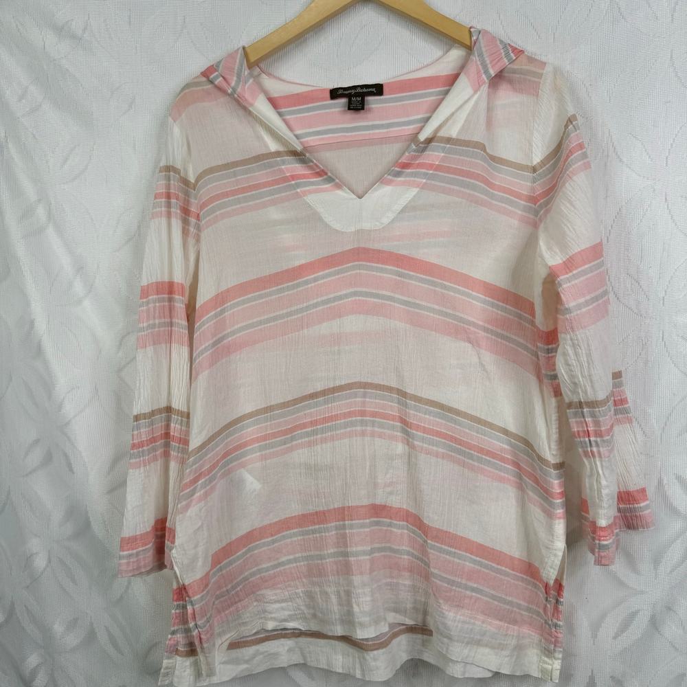 Tommy Bahama Pink Stripe Hooded V-Neck Tunic - Picture 2 of 6